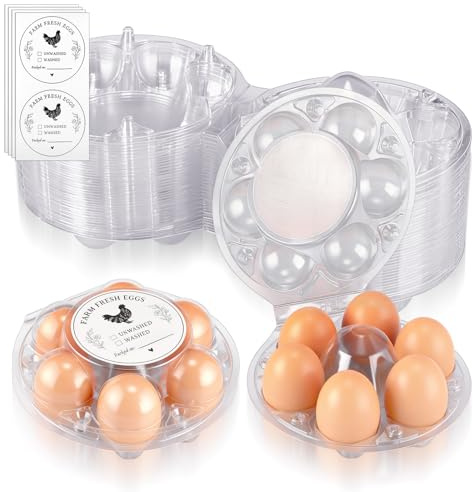 Zhehao 40 Pack Round Egg Cartons with Date Stickers Clear Plastic Half Dozen Egg Cartons Bulk Reusable Holders Fresh Eggs Storage for Family Pasture Farm Markets Display