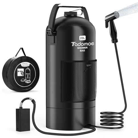 Tadomoe Douche Solaire Portable Électrique 20L pour Camping & Vanlife | Chauffage Solaire, Tuyau Flexible 2m, 2000mAh Pompe, Sac de Rangement, 1.36 kg, Idéal Plage & Chien
