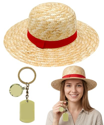 VorErgyllic Anime Pirate Cosplay Straw Hat & Keychain Gift Set for Adults – 35cm Sun Protection Beach Cap with Vintage Bronze Key Ring