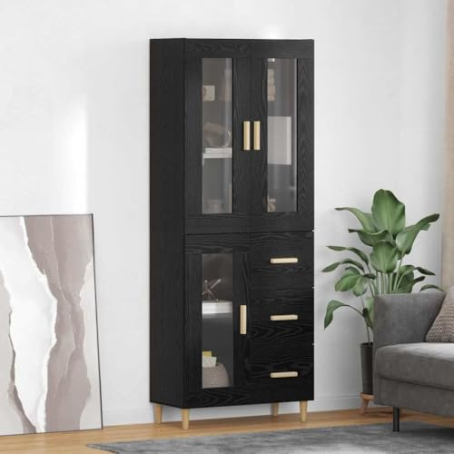 Fengshui Highboard Holzwerkstoff Schwarz Eichen-Optik 69,5x34x180 cm | Mit Türen und transparenten Paneelen, moderne quadratische Griffe, stabile Brett-Regale, Montage erforderlich