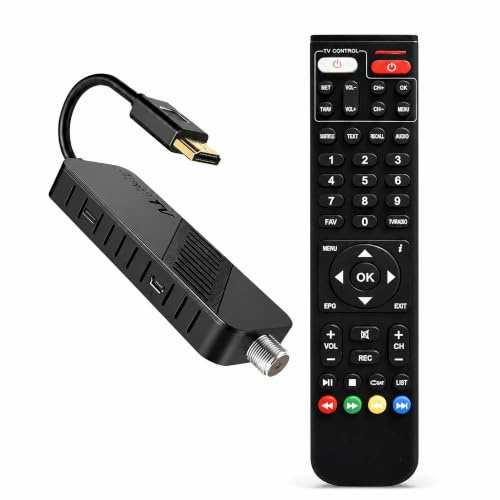 Bamof DVB-S2 Sat Receiver, Full HD 1080P HDMI TV Stick, Satelliten Receiver, Versteckt hinter TV, Digitalanzeige, 2in1 Universal Fernbedienung, USB, Astra Hotbird Vorinstallation, Fertige Kanäle