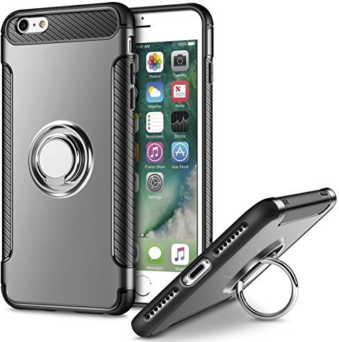 UEEBAI Case For iPhone 6 Plus,Ultra Slim Shockproof Silicone TPU+PC Case Anti-Scratch 360 Degree Rotatable Ring Kickstand Used As In-car Phone Holder Stand Cover for iPhone 6 Plus/6S Plus - Grey