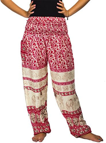 Lofbaz Harem Pants for Women Yoga Boho Hippie Clothing Bohemian Palazzo Beach Maternity Pajama Gypsy Indian Travel Clothes - Floral Elephant Pink S