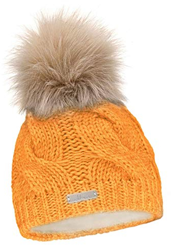 Damen Mütze Winter mit Fleece Innenfutter, Elegante Wollmütze Damen, Gefüttert mit Fell-Bommel, Hochwertige Damenmützen Winter für Stil und Wärme, Elegantes Design für Damen(685)(Curry)