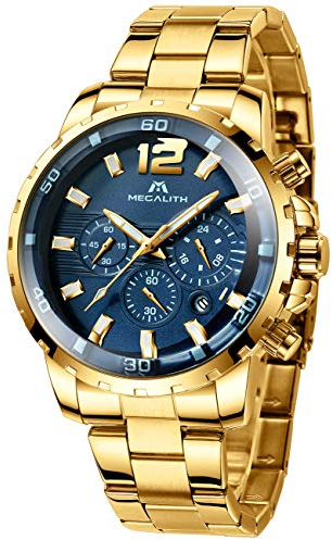 MEGALITH Uhren Herren Gold Armbanduhr: Edelstahl Chronograph Herrenuhr mit Datum - Groß Ziffernblatt Arbeitsuhr für Männer