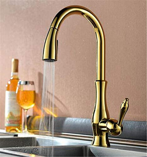 YAWEDA Küchenarmaturen Einhand-Ausziehbarer Küchenhahn Mit Belüfter Einloch-Griff Schwenkbarer 360-Grad-Wassermischerhahn Deckmontiert Im Retro-Stil, Golden