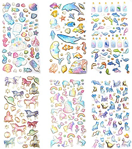 SAVITA 3D-Aufkleber für Kinder, 300+ Puffy-Aufkleber, 6 Verschiedene Blätter, Epoxy-Aufkleber für Scrapbooking, einschließlich Katzen, Delfine, Einhorn