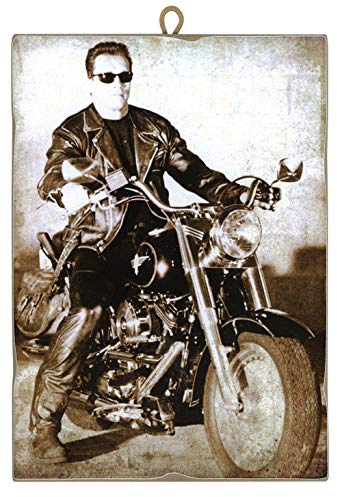 KUSTOM ART Bild im Vintage-Stil Arnold Schwarzenegger auf Harley Davidson aus der Kollektion Druck auf Holz, Geschenkidee
