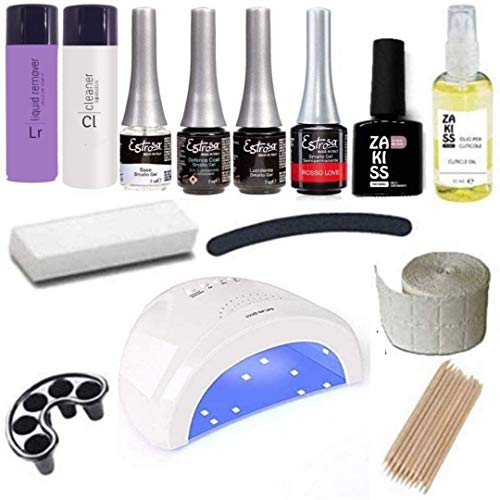 Kit Semipermanente Unghie Completo ESTROSA Gel Polish – Con Fornetto Led 48w + Base Gel + Smalto Semipermanente da 7ml Defence Coat e Lucidante + OMAGGIO Olio Cuticole e smalto Zakiss 10 ml