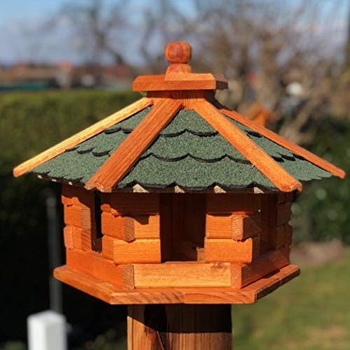DARLUX Handgefertigtes Sechseck Vogelhaus aus Holz wetterfest M - XXL mit und ohne Ständer, Futterhaus, Futterhäuschen (Größe M ohne Ständer, Grün - Braun)