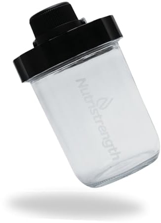 Nutristrength Protein Shaker Cup Water Bottle New Leak Proof Lid Design - 16oz Glass Water Bottle Black Lid | Includes Wire Ball for Smooth Shakes (Black, 450ml)
