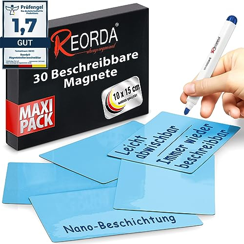 Reorda® Magnetstreifen beschreibbar - 30 Stück wiederbeschreibbar - 10 x 15cm (Blau) - Beschreibbare Magnete für Whiteboard, Kanban, Magnettafel oder als beschriftbare Magnete für den Kühlschrank