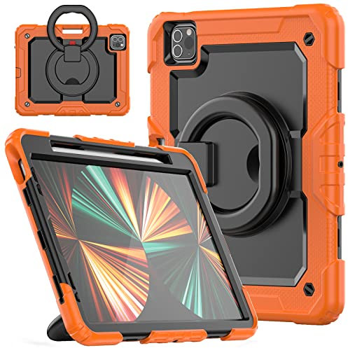 HUEZOE Custodia Compatibile iPad Pro 11 Pollici, Modello 2021/2020/2018, Cover di Protezione Antiurto per Tutto il Corpo Rigide Robusta con Supporto Girevole/Portapenna, Arancia