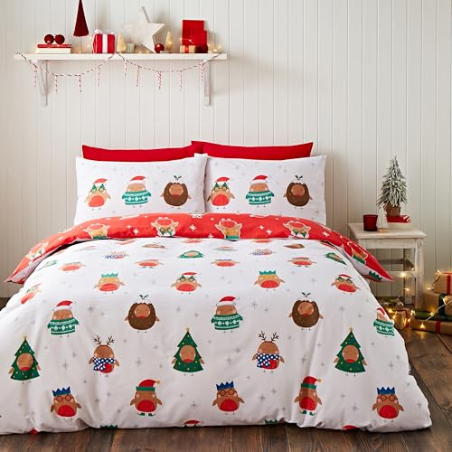 Catherine Lansfield Christmas Party Robins Reversible Double Duvet Cover Set with Pillowcases Grey