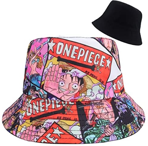 Roffatide Anime One Piece Packable Bucket Hat Graffiti Luffy Printed Fishing Hat Reversible Double Side Wear Sun Hat for Women Men