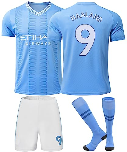 Mokiss Erling Haaland #9 Maillot Domicile de Football pour Enfants Nouvelle Saison, Shorts, Chaussettes, Tailles Jeunes (Bleu,30)