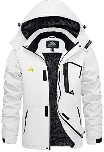KEFITEVD Skijacke Herren Winddicht Softshelljacke Winter Warm Outdoorjacke mit Kapuze Wasserabweisend Atmungsaktiv Übergangsjacke für Snowboard Wandern Weiß M