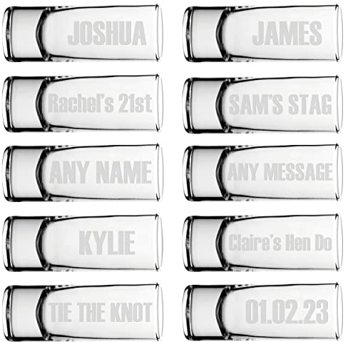 Gift Base Personalised Name Shot Shooter Glass Tall Double 60ml Any Name Multi Pack 5, 10, 20, 30, 40, 50, 100 Glasses Stag Hen Do Wedding Favour Birthday Tequila Rum Gin Whisky