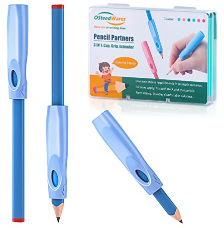OSteed Ergonomic Pencil Grip, Rubber Pencil Extender, and Pencil Cap 3 In 1 | 6 Pcs 6 Colors, for Kids, Arthritis, Fat Pencils, Big Sleeve, Pencil Grip Holes, Tripod Pack Different 6, Grip Leads