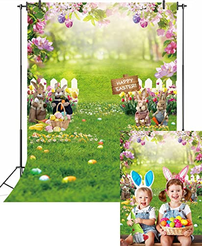 Easter Backdrop for Photography Easter Spring Garden Floral Bunny Colorful Eggs Fence Green Grass Bokeh Background Kids Newborn Baby Portrait Photo Booth (5x7FT)