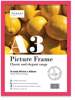 Almost Frameless A3 Bright Pink Picture Frame Fits A3 (29.7 x 42cm - 11.7 x 16.5in) Poster, Photo, Artwork, or Print. Thin Edge Slim Frame Portrait and Landscape Display with Wall Hooks