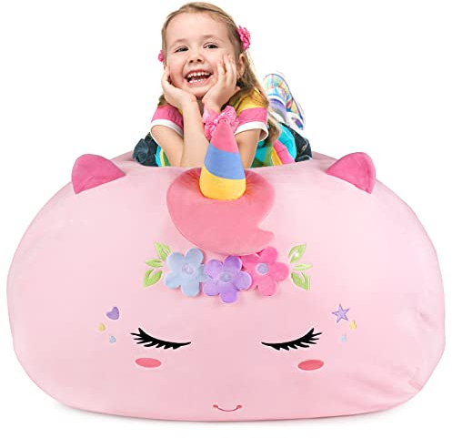 GAGAKU Kuscheltier Sitzsack Aufbewahrung Abdeckung Einhorn 200L, XXL Spielzeug Aufbewharungstasche für Kinderzimmer Große Einhorn Füllbarer Reißverschluss Sitzsack zum Organisieren - Rosa