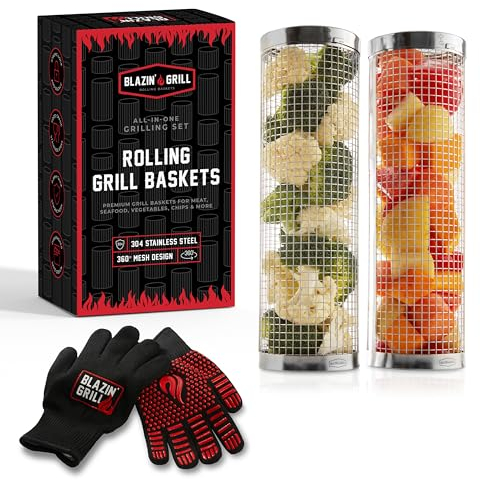 BLAZIN' GRILL Rollender Grillkorb | 2 x Grillkorb & Smoker Zubehör | Grillkörbe für Outdoor Grill mit BBQ Handschuhen | Barbecue Grillkörbe für Gemüse, Meeresfrüchte & Fleisch