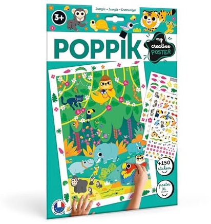 poppik 1841203 Sticker-Poster, Dschungel, Kreativposter mit ablösbaren Tier-Aufklebern, Stickerset zum Basteln, für Kinder ab 3 Jahren, 48 x 68 cm