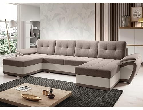 Easy4You ENZO Farbe von Milchkaffee/Creme Eco-Leder Ecksofa U-Form 336 x 97 x 157 cm mit Schlaffunktion und Stauraum - Schlafsofa mit Bettkasten - Moderne Wohnzimmermöbel – Stoff: SORO 23 + Soft 33