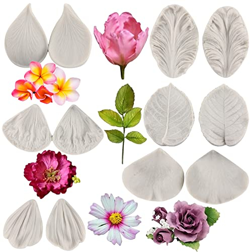 MYPRACS Gumpaste Flower Silicone Veining Moulds Rose Veined Fondant Mould Gum Paste Peony Flower Mould Orchid Plumeria Leaf Moulds for Sugar Cake Decorating Candy Polymer Clay Set of 6