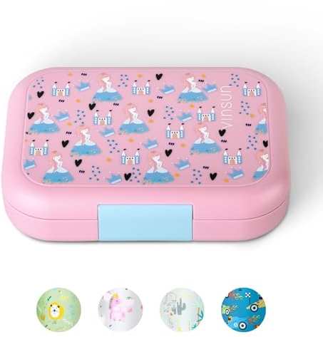 VINSUN Lunchbox für Kinder mit 4 Fächern - Auslaufsicher, BPA frei, spülmaschinengeeignet - Rosa Bento Box mit Prinzessinnen Motiv für Kindergarten, Grundschule, Ausflüge