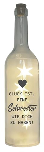 WB wohn trends LED-Flasche mit Motiv, Glück ist eine Schwester wie Dich zu haben, grau, 29cm, Flaschen-Licht Glitzer-Flasche Leuchtflasche Lampe mit Text Spruch