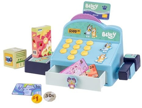Bluey – Kasse. Drücke auf die Knöpfe, um Pieptöne, Geräusche und Sätze von Bluey und Bingo abzuspielen, Scanne Pakete mit dem Scanner und Spiele Geschäft, Mit Spielzeug-Kreditkarte und Spielgeld!
