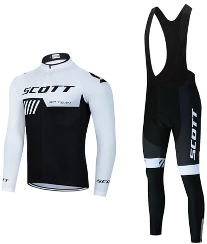 Fueegue Fahrradbekleidung Set, Herren Langarm Radsportanzüge Radtrikot Set Radfahren Kleidung Langärmeliges Fahrradtrikot Herbst/Winter mit Thermofleecefutter Radhose mit Sitzpolster Scott-Weiss XL