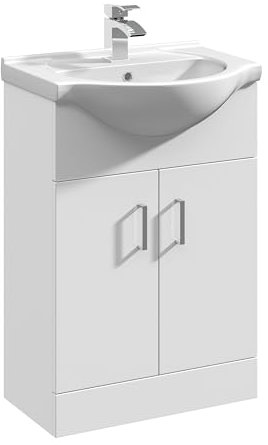 Balterley Vanity Unit with Basin Floor Standing, 2 Door Soft Close with Curve Sink and Handle, Bathroom Vanity Units with Basin, Bathroom Sink Storage Cabinet - 550 x 430 x 836mm (White)