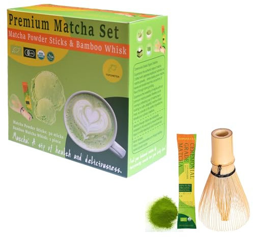 Mini Matcha Tea Set-Ceremonial Organic Japanese Matcha Powder With 30 single-serving sticks and Handmade Bamboo Whisk