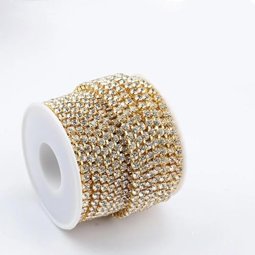 SYSUII Kristall Strasskette - 10M 2.8mm Strassband Strassstreifen Dekoration Strasssteine Trimmen Krallenkette zum Aufnähen für DIY Schmuck, Kleidung Nähen Handwerk, Hochzeits Party Dekoration-Gold