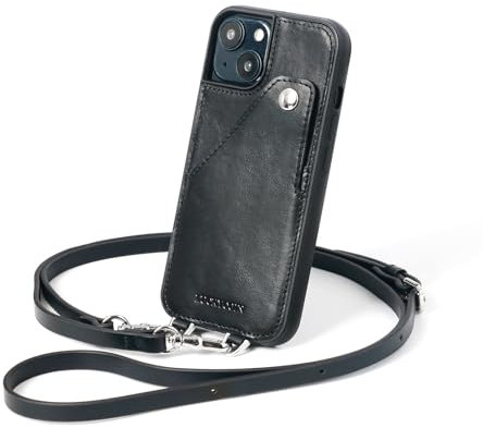 LUCKYCOIN Wallet Phone Case for iPhone 13 Mini with Wrist Strap/Card Holder,Fashion Travel Crossbody Case for Women,Genuine Leather Purse Cover for Girl,Pouch Case with Adjustable Neck Cord-Black