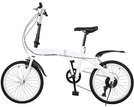 CLEADONG 20 Inch Folding Bicycle, 6 Speed bikes with Front Caliper Brakes and Rear Holding Brakes, Carbon Steel Folding Bike Adjustable Seat for Road, White
