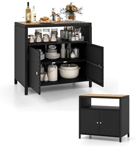 KOMFOTTEU Gartenschrank aus Rattan, Aufbewahrungsschrank Sideboard mit Arbeitsplatte aus Akazienholz, Garten Schuppen mit Doppeltüren, Rattanschrank 90 x 53 x 86 cm (Schwarz)