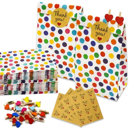 25 Stück Regenbogen Punkte Klein Geschenktüten mit 48 Aufkleber | Papiertüten Kindergeburtstag, 18x9x6cm Bunt Mitgebsel Candy Tüten Kindergeburtstag für Hochzeit Party Halloween Weihnachten