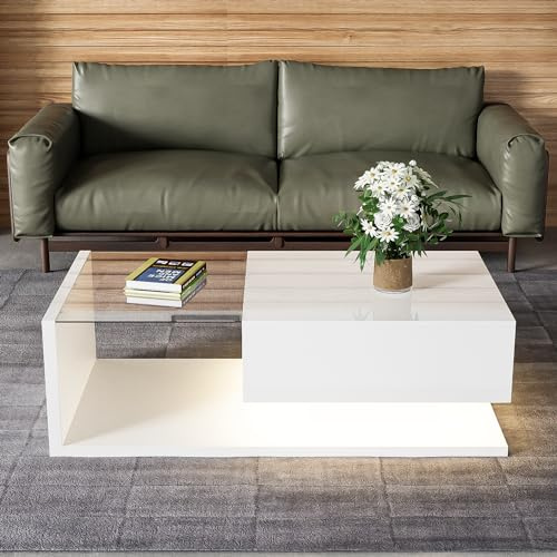 BTM Table Basse LED Moderne, Table Basse Blanche de Salon en Verre, Bois avec Tiroir Grand, Salon, Charge de 30kg, 105x55x32.5cm, Noir