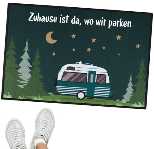 BETESSIN Lustige Camping Fußmatte 40x60cm - Zuhause ist da, wo wir parken - Fussmatte für innen & außen - Camping Geschenke für Camper Wohnwagen - Türmatte Fußabtreter Dünne 5mm
