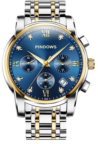 PINDOWS Herrenuhren Luxus Quarz-Analoguhr Datumsanzeige und großem Ziffernblatt wasserdichte modische Business-Armbanduhr Elegante zweifarbige Edelstahl-Klassiker-Herrenuhr mit beleuchtetem Kalender