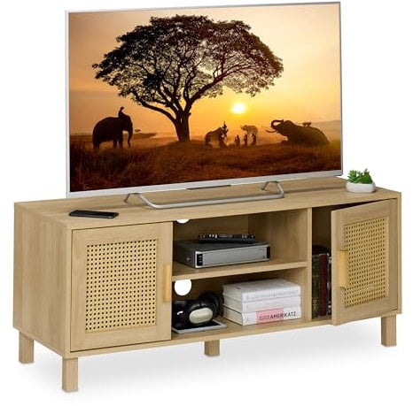 Relaxdays Mueble TV, Diseño Ratán, Mesa para Televisiones hasta 50, Efecto Madera, 48x115x40 cm, Cómoda Tele, Natural, Plástico, Tablero de Fibras