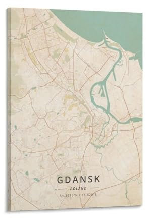 LZTEN Danzig Polen Karte Poster Vintage Druck Kunst Wanddekoration Poster Familie Bar Restaurant Garage Café Kunst Schild Geschenkrahmen 40 x 60 cm