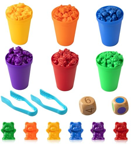 Jesustree Ours de Comptage et Tri Jeux Montessori Enfants 3 4 5 Ans, 71 Pièces Jeu de Tri Motricité Fine Jouet Educatif Classification des Couleurs avec Gobelets, Dés et Pinces