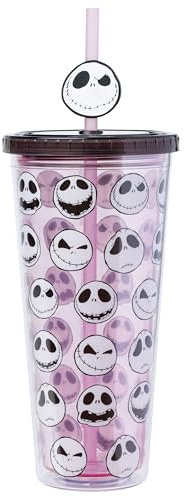 Silver Buffalo Disney Tim Burton's Nightmare Before Christmas All The Emotions of Jack Skellington Plastic Cold Cup with Lid and Straw Topper, 24 Ounces