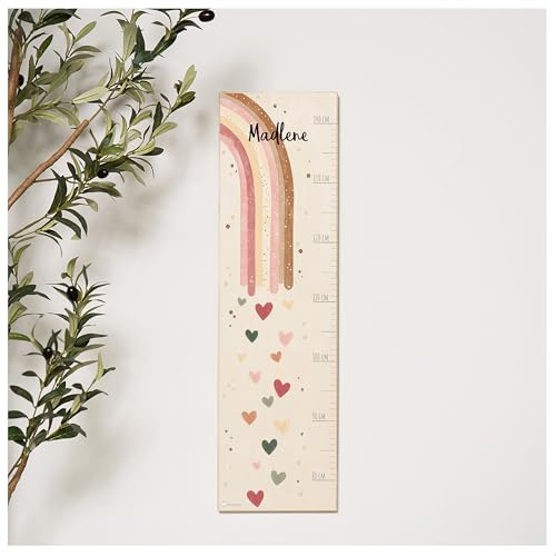 Muckelmeister Personalisierte Messlatte Kinder Holz - Regenbogen Mädchen | 80-140cm, Regenbogen Boho, Dekoration für Baby- & Kleinkinderzimmer, Geschenk zur Geburt, Kinderzimmer Deko Mädchen
