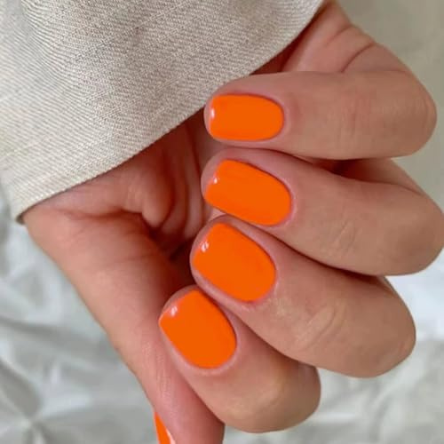 Bright Orange Square Glossy Press On Nails Kit With Acrylic Material - Reusable 24-Piece Set For Full Coverage, Minimalist Design, Salon Quality Manicure, Easy Application, Versatile Modern Look